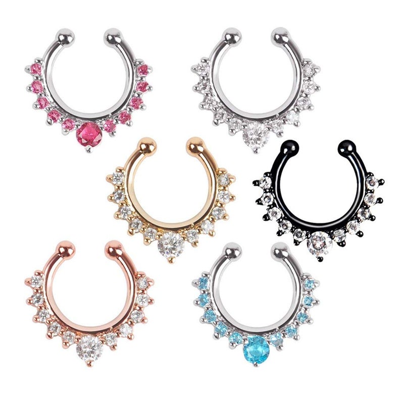 XUKEKOY 6pcs Fake Septum Clicker Nose Ring Rhinestone Non Piercing Hanger Clip Body Jewelry - Image 5